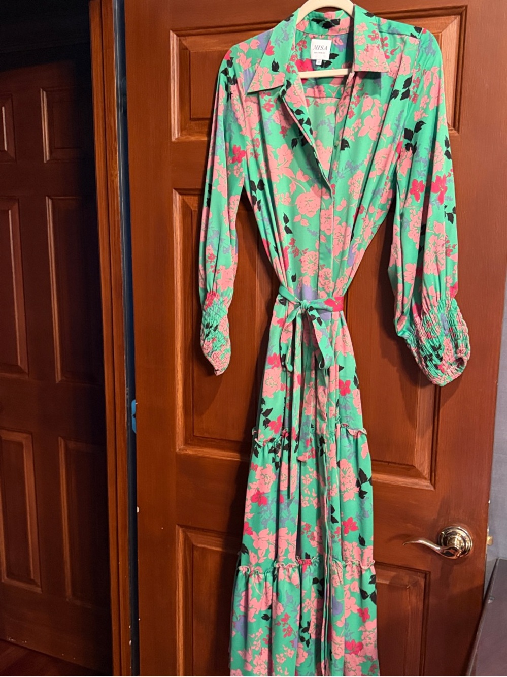 Misa Los Angeles Mint Green Maxi Dress with Pink Floral Print. NWOT